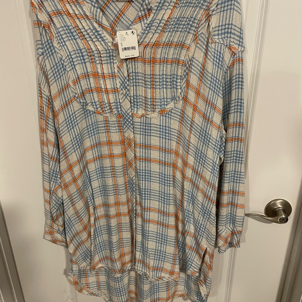 Plaid Button-Up Shirt in Blue and Orange